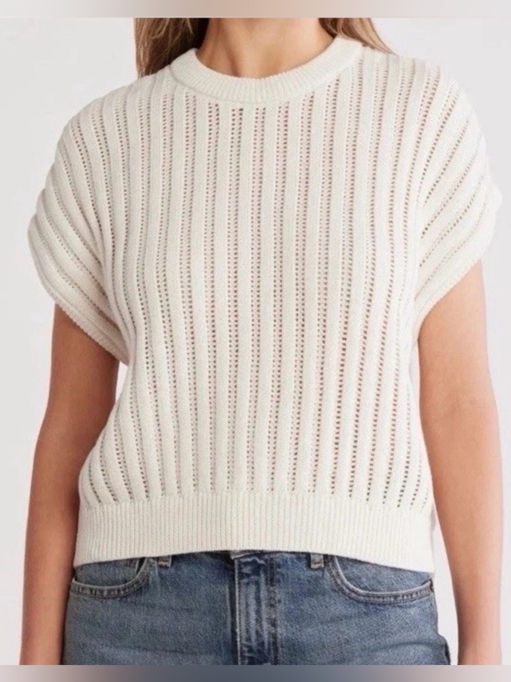 Splendid Camille Ribbed Open Knit Sweater Off White Cream Short Cap Sleeve